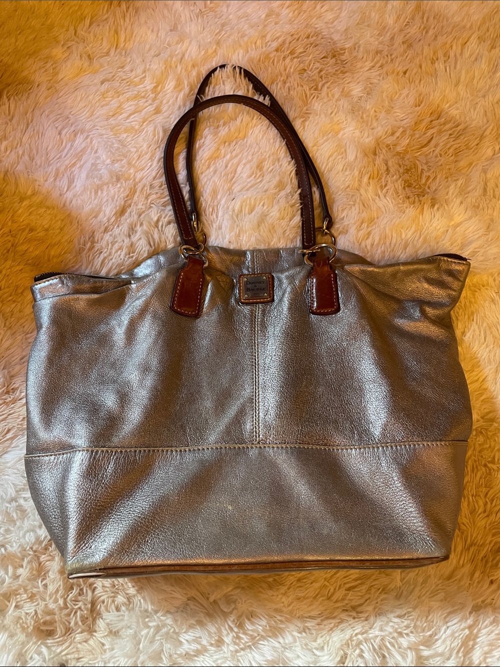 Dooney & Bourke Metallic Silver Tote with Brown Leather Handles